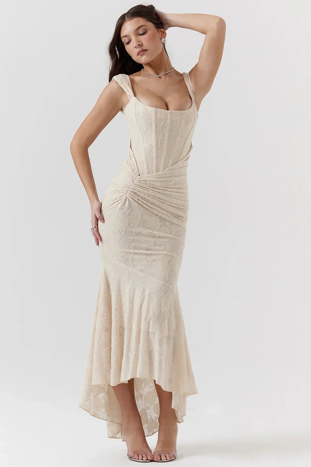 Women’s Textured Midi Dress with Scoop Neck, Sleeveless Cut and Fishtail Hem