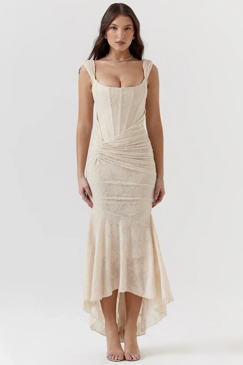 Women’s Textured Midi Dress with Scoop Neck, Sleeveless Cut and Fishtail Hem