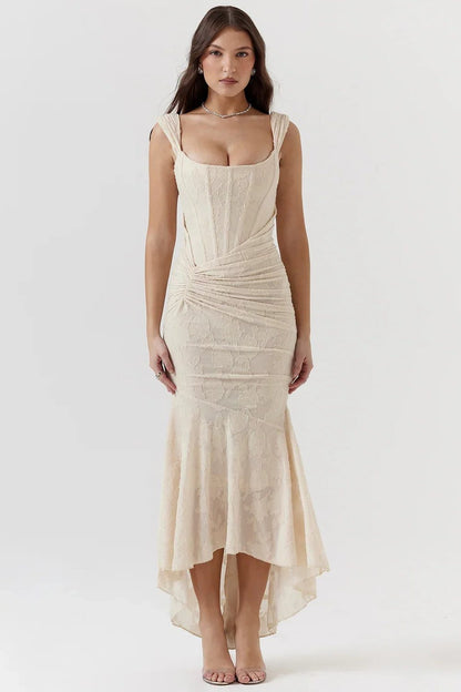 Women’s Textured Midi Dress with Scoop Neck, Sleeveless Cut and Fishtail Hem