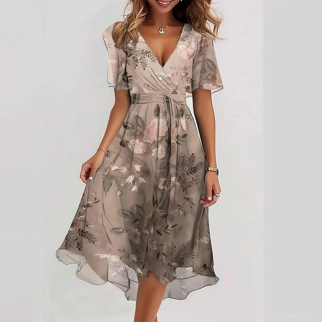 Women’s Printed Wrap Midi Dress with V Neck, Short Sleeves and Tie Waist