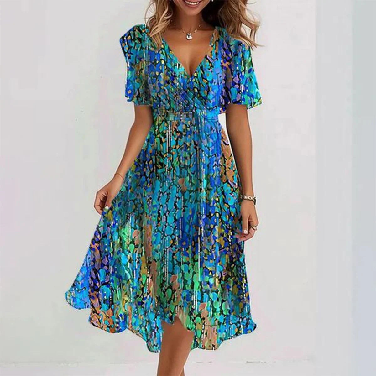 Women’s Printed Wrap Midi Dress with V Neck, Short Sleeves and Tie Waist