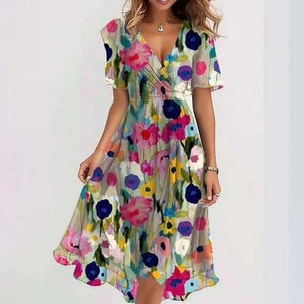 Women’s Printed Wrap Midi Dress with V Neck, Short Sleeves and Tie Waist
