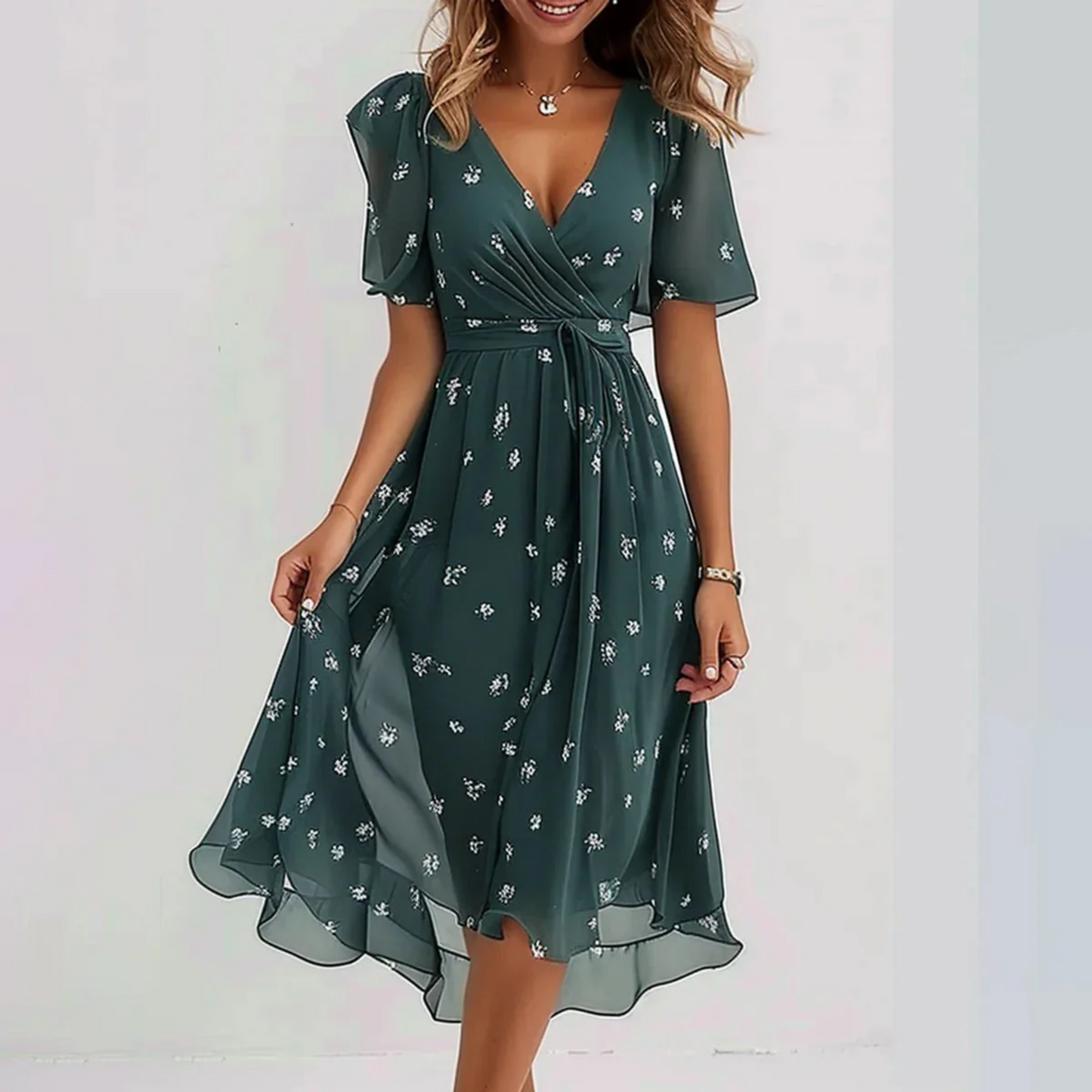 Women’s Printed Wrap Midi Dress with V Neck, Short Sleeves and Tie Waist