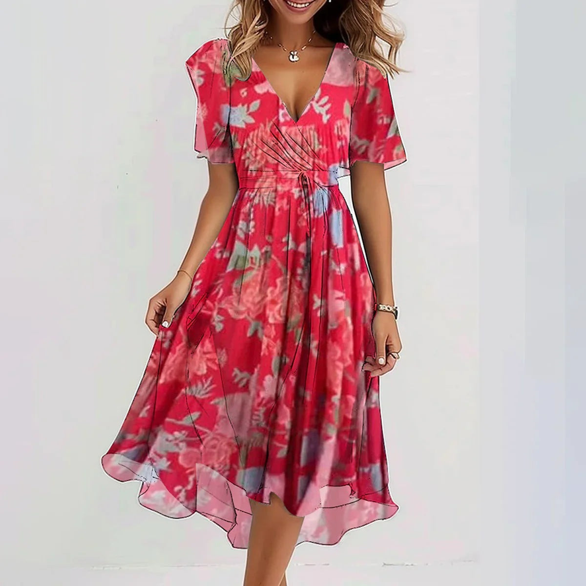 Women’s Printed Wrap Midi Dress with V Neck, Short Sleeves and Tie Waist