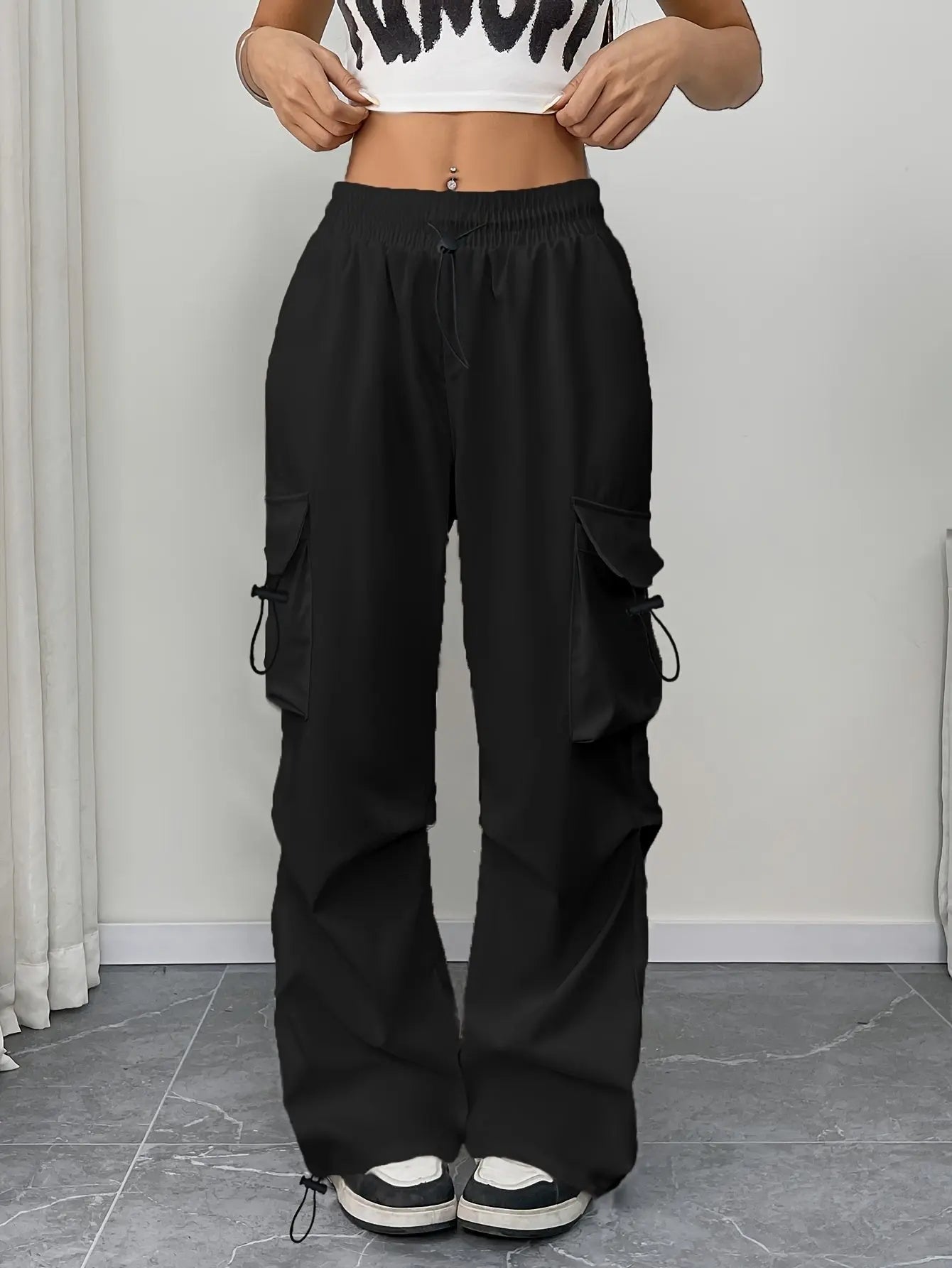 Parachute Trousers, Parachute Pants & Cargo Trousers – Wide Leg Drawstring Cargo Pants with Utility Pockets, Adjustable Hem, Relaxed Fit