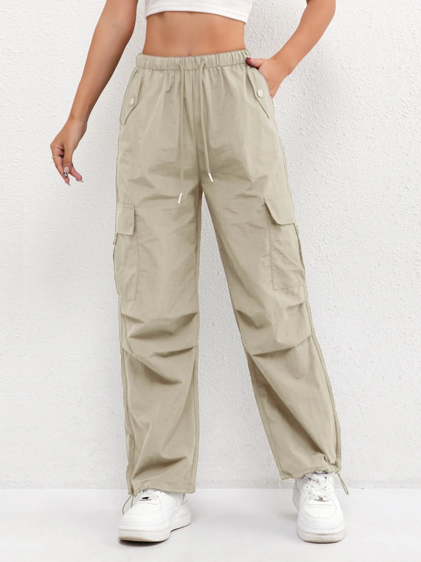 Parachute Trousers, Cargo Trousers & Cargo Pants – Drawstring Waist, Multi-Pocket Straight Leg Utility Pants with Adjustable Hem Cords, Relaxed Fit