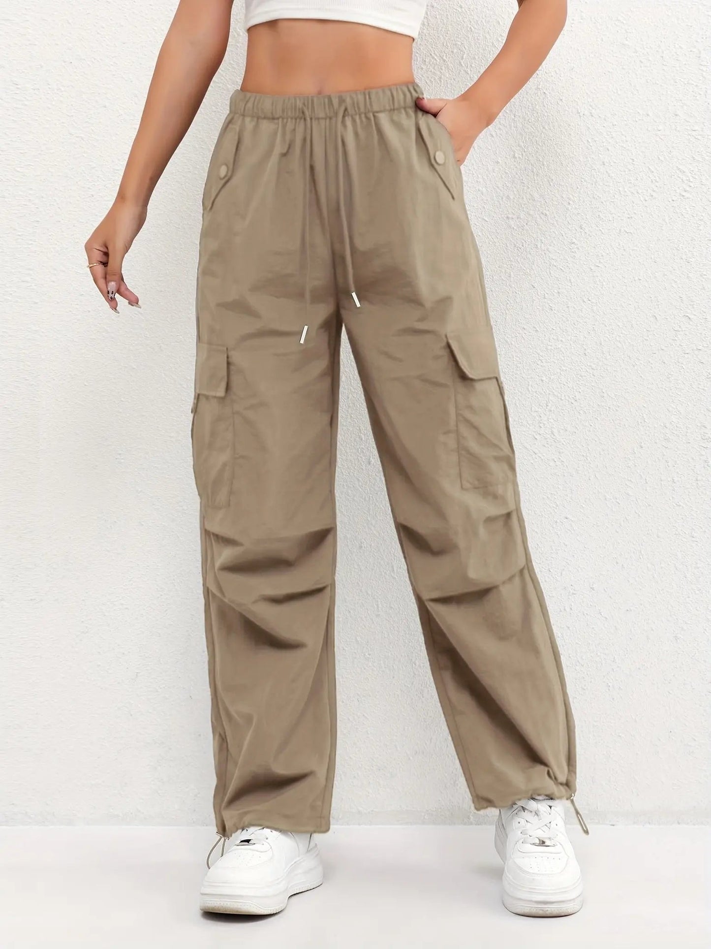 Parachute Trousers, Cargo Trousers & Cargo Pants – Drawstring Waist, Multi-Pocket Straight Leg Utility Pants with Adjustable Hem Cords, Relaxed Fit
