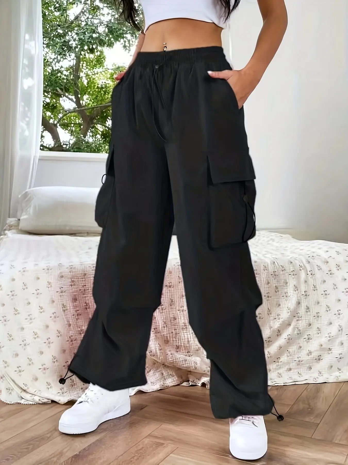Parachute Trousers, Parachute Pants & Cargo Trousers – Wide Leg Cargo Pants with Drawstring Waist, Utility Pockets, Adjustable Hems & Loose Fit