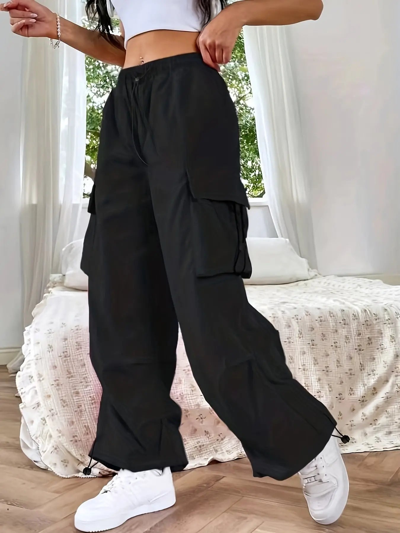 Parachute Trousers, Parachute Pants & Cargo Trousers – Wide Leg Cargo Pants with Drawstring Waist, Utility Pockets, Adjustable Hems & Loose Fit